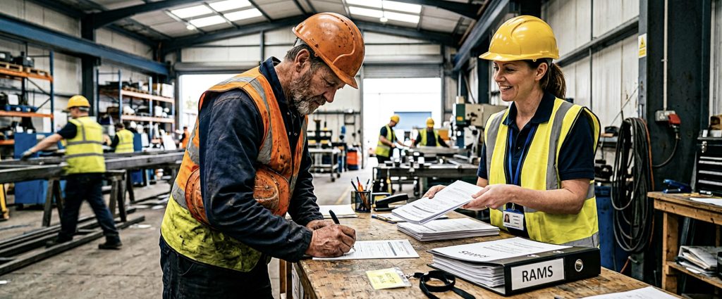 Contractor signing permit to work system documentation with RAMS folder visible at industrial site reception