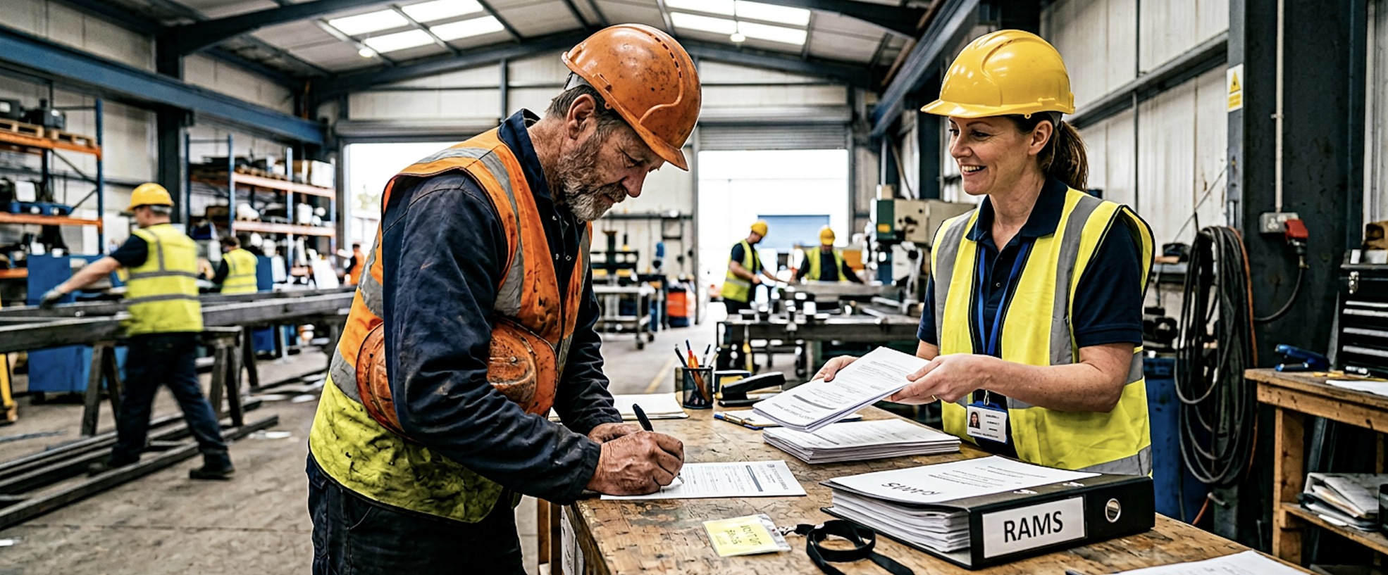 PTW and Contractors / CDM: a contractor signs paperwork at an industrial reception desk while a facilities manager hands him a document, with a RAMS folder visible between them.