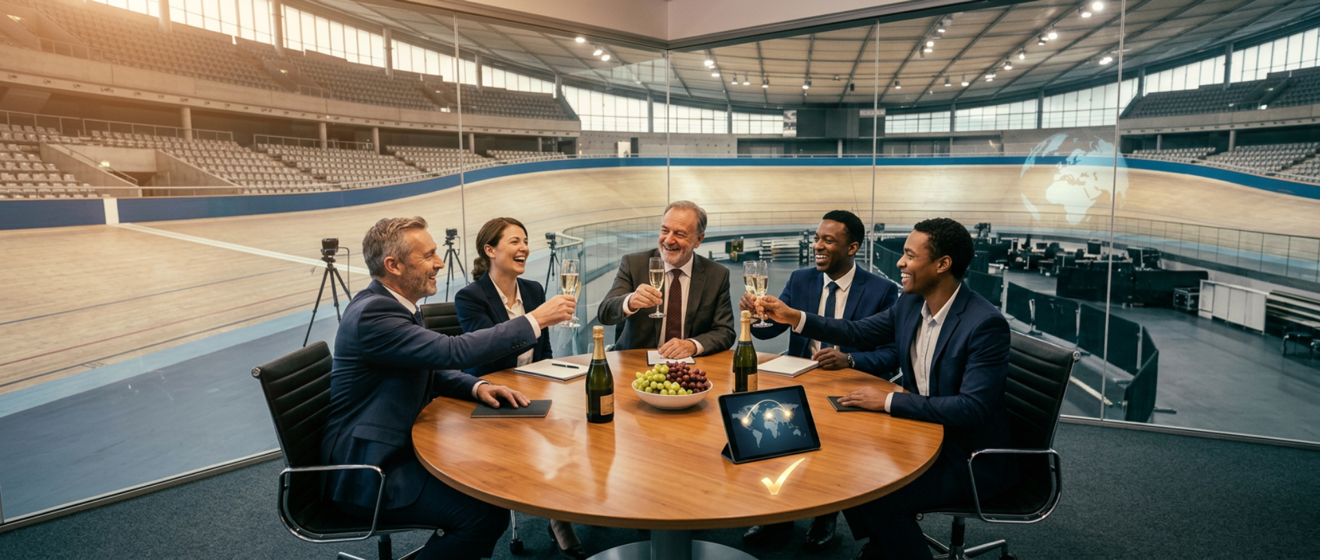 Business executives celebrating with champagne in a boardroom overlooking a velodrome track
