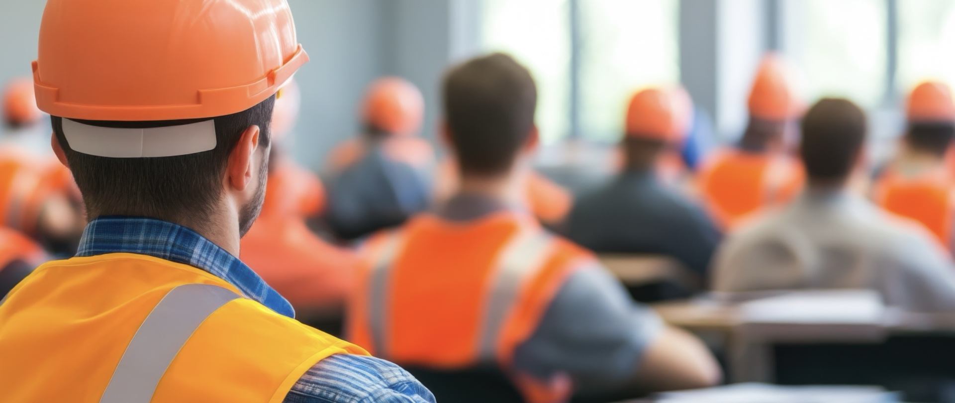 Delegates in hi-vis and hard hats attending an Oracle Safety NEBOSH classroom training session