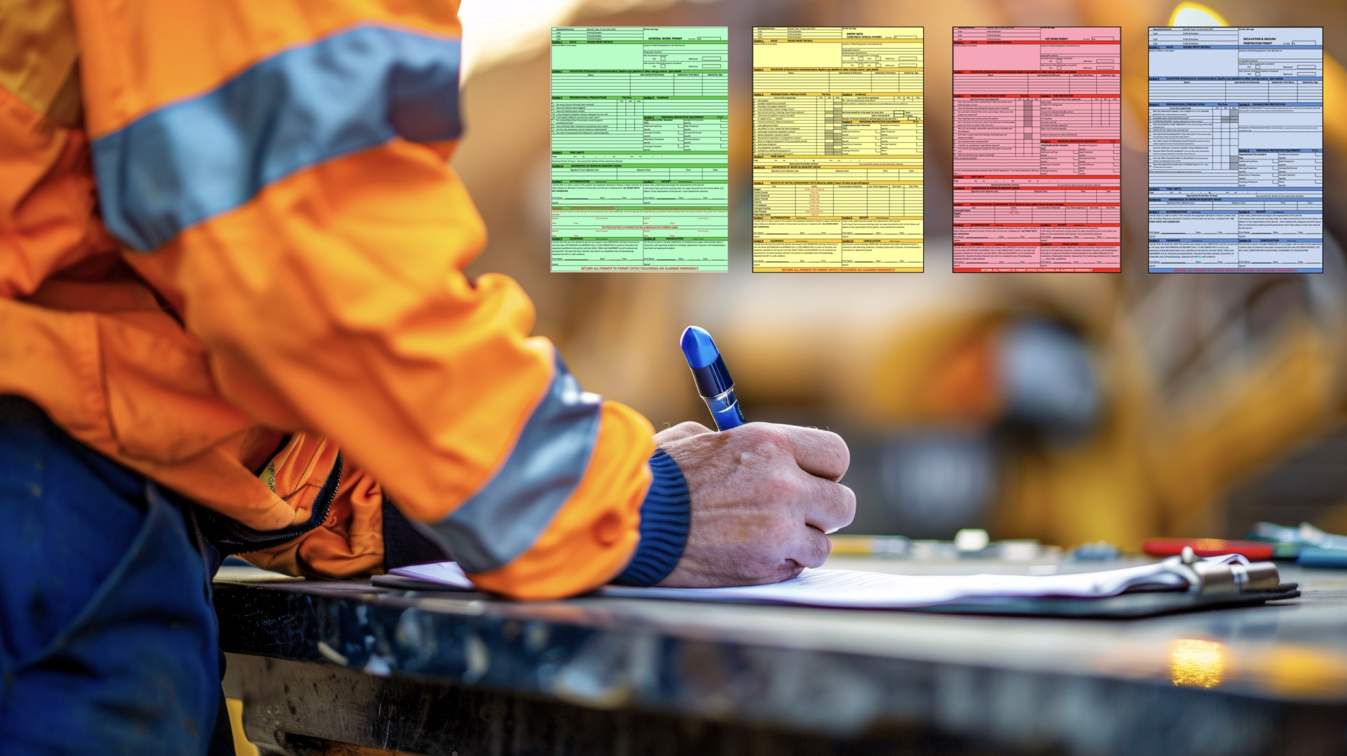 An industrial worker completing a permit to work document, with colour-coded permit forms visible — general work, confined space, hot work and excavation permits