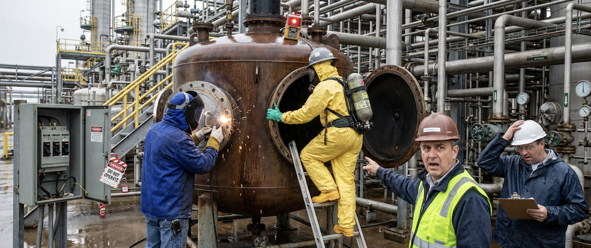 Three simultaneous permit-controlled activities on a single process vessel: a welder performing hot work at one manway while a worker in chemical suit and SCBA enters the confined space through a second manway, with electrical isolation applied at the MCC. A supervisor in hi-vis reaches out in alarm as he registers the uncoordinated combination.