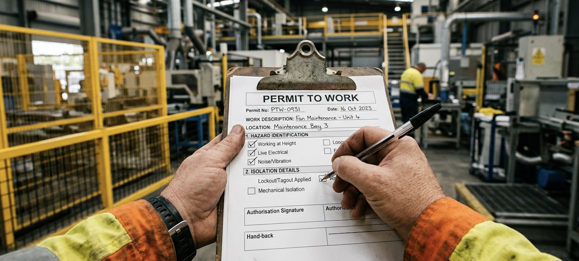 PTW Forms and Checklists: worker signing the isolation details section of a Permit to Work form on a clipboard, with industrial maintenance bay behind.