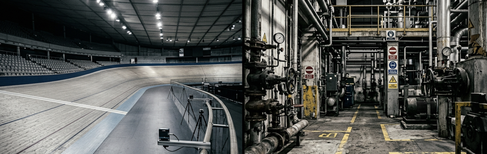Split image showing a professional velodrome track alongside an industrial process plant with pipework, valves and hazard markings