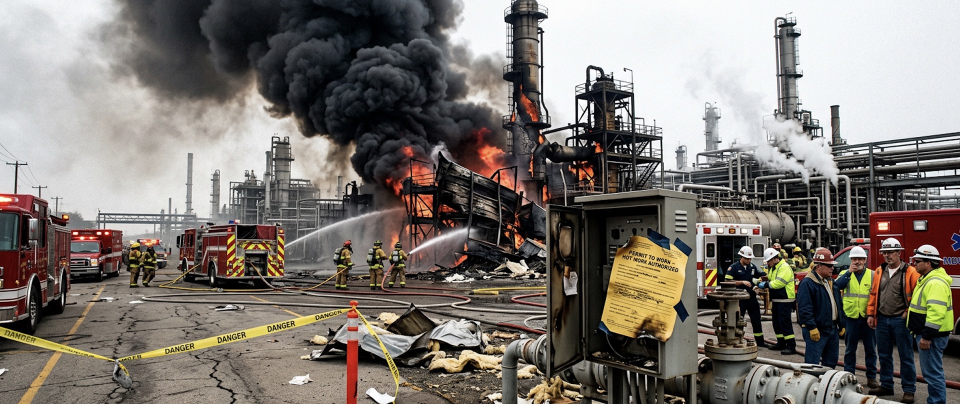 Industrial plant explosion and fire illustrating the history of permit to work systems, where failures in controlling hazardous work led to major incidents