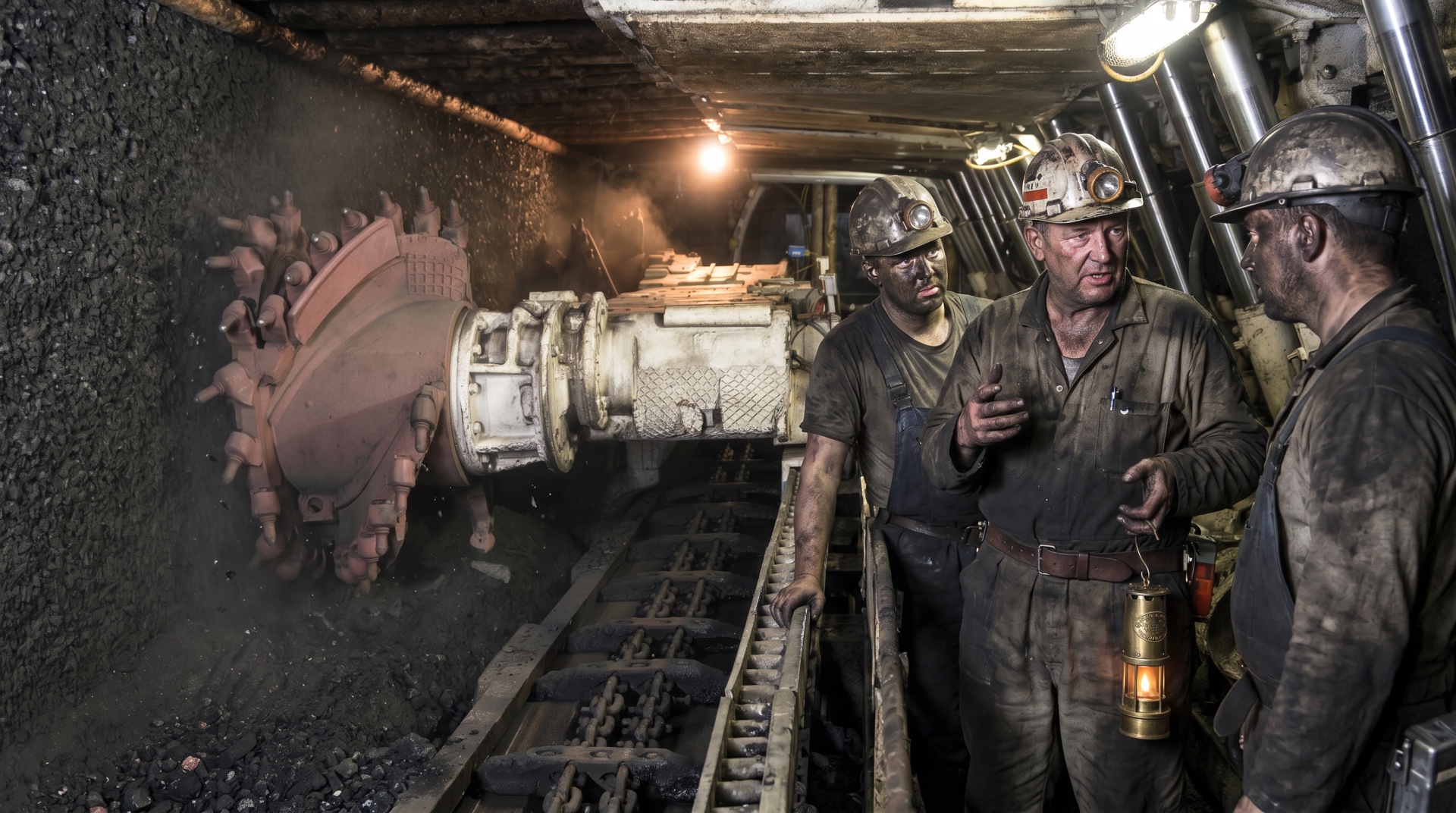 Modern UK longwall coal face with deputy and face team. Armoured face conveyor in the foreground, ranging drum shearer at the cutting edge, powered roof supports above. The deputy carries a brass safety lamp at his hip and consults two face workers about the cut. The working tradition from which UK occupational safety law and HASAWA 1974 developed.