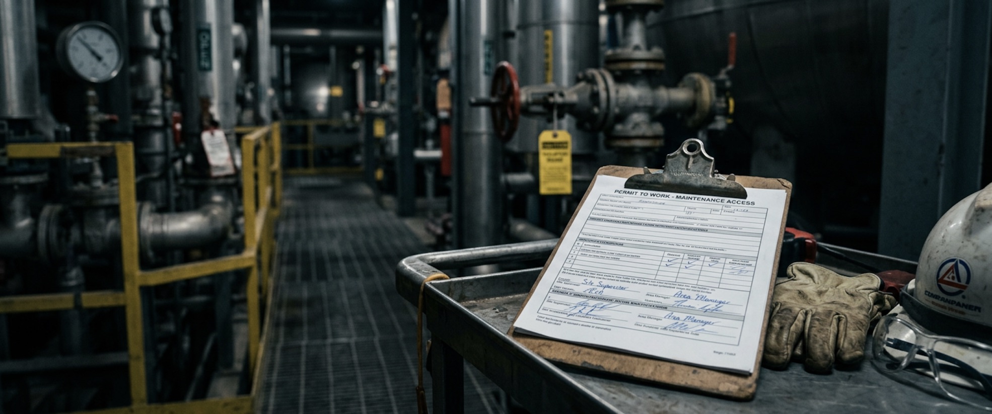 A signed Permit to Work – Maintenance Access form on a clipboard at the work location in a process plant. Industrial pipework, pressure gauges, valves bearing caution tags, and PPE wait nearby. The image captures the moment that defines why PTW systems fail: the permit has been signed, but whether the controls it records have been independently verified is what determines the outcome.